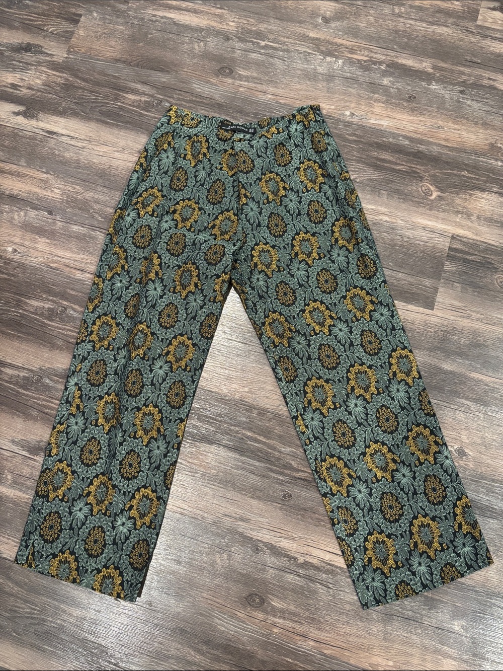 Zara women’s side zip Floral Jacquard Dress Pants in Sage and Mustard